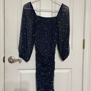 Xtraordinary Blue Sequin Bodycon Dress with Bishop Sleeves